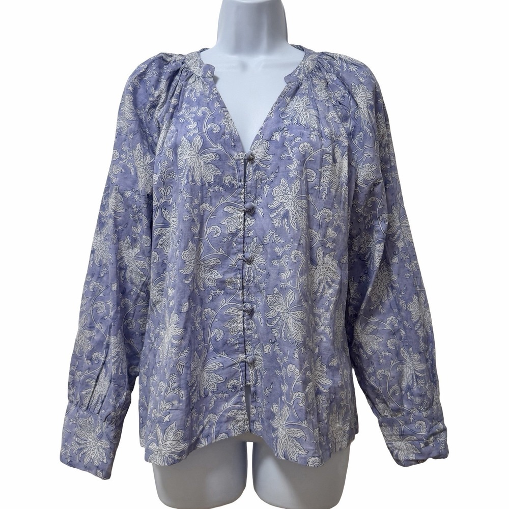 Natura Womens Floral Block Print Button Up Blouse Top Size M Blue Flowy Feminine